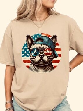 Gildan Beige Tee with Patriotic Bulldog Cat Graphic